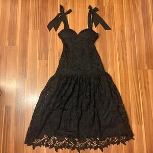 black eyelet lace maxi dress sweetheart neckline drop waist bow tie straps